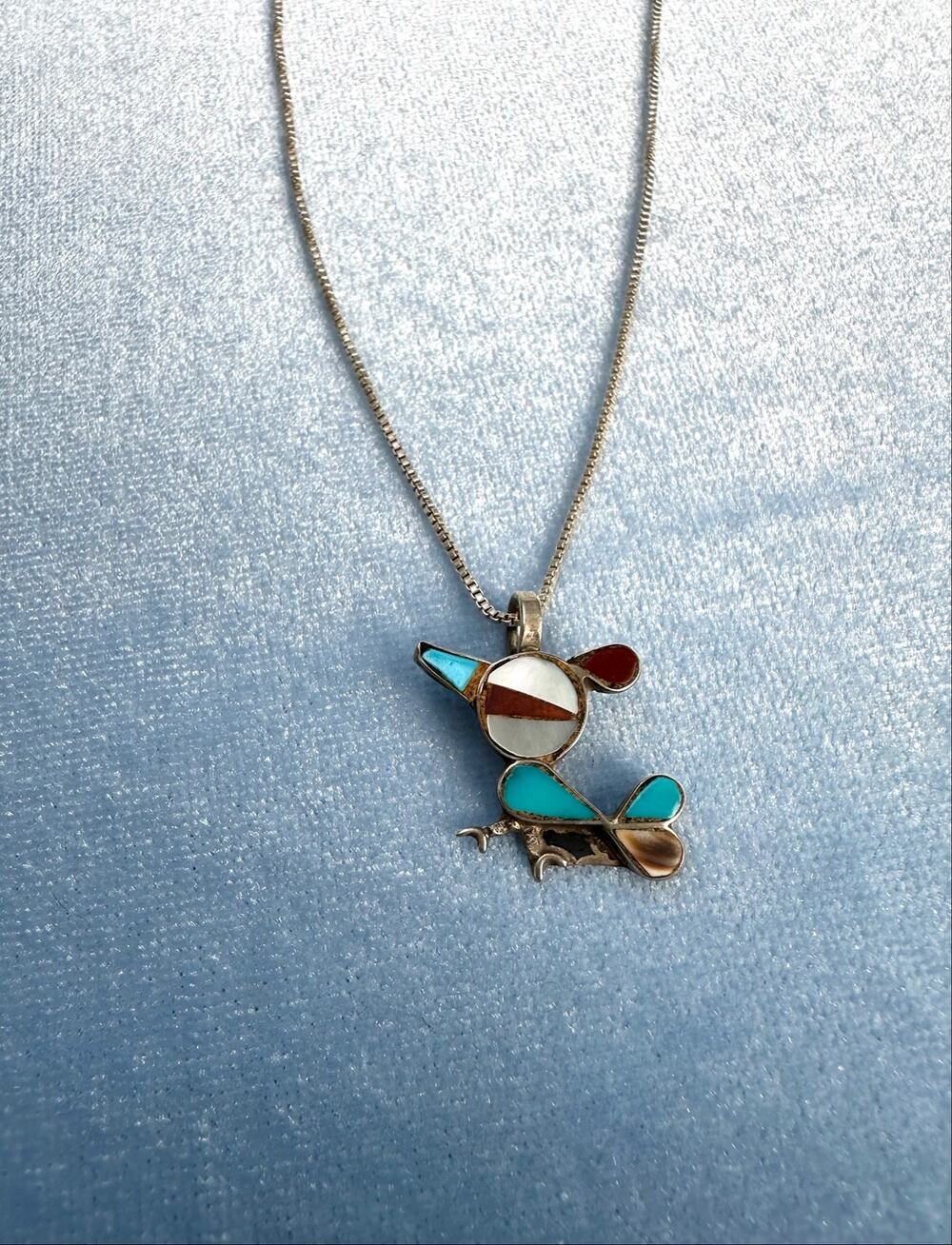 Vtg Zuni Sterling Silver Multi Stone Inlay Roadrunner Bird Pendant Necklace